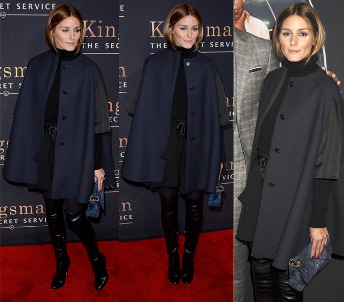 Navy Elegance: Olivia Palermo makes a grand statement in her sweeping navy cape at the 'Kingsman: The Secret Service' premiere, New York City, February 9, 2015