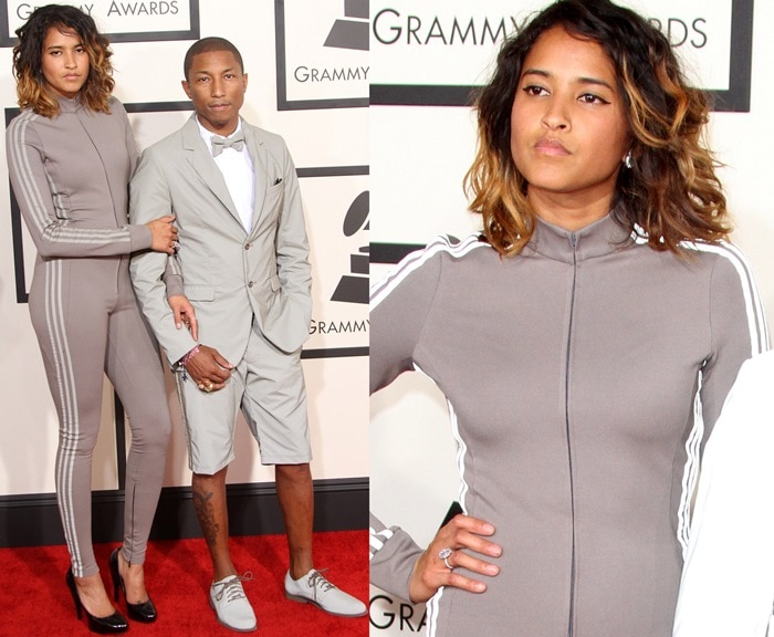 Helen Lasichanh rocked an Adidas-inspired tracksuit with black patent leather pumps, while Pharrell Williams matched her sporty-meets-formal energy in a tailored grey shorts suit paired with a bow tie and sockless dress shoes—bringing 'athleisure couture' to the red carpet