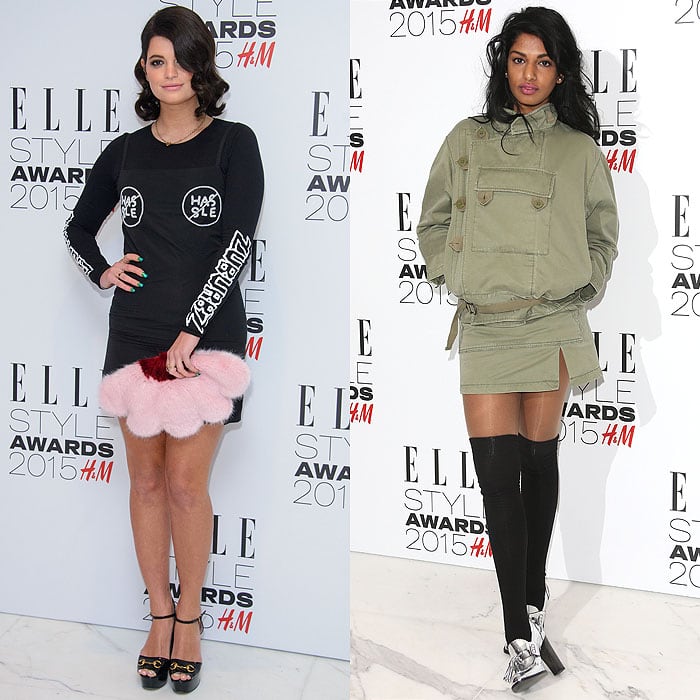 Pixie Geldof in an Ashley Williams graphic-print long-sleeve LBD and Gucci "Claudie" platform sandals; M.I.A. in an army green utilitarian jacket and miniskirt, black thigh-high socks, and silver high-heel loafers