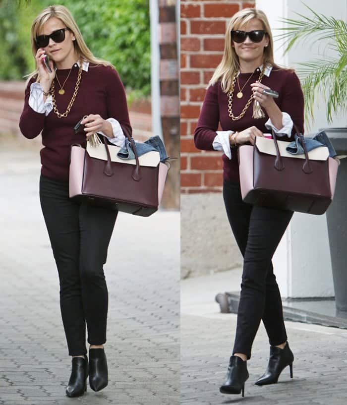 Reese Witherspoon pairs her chic Marsala-colored Bally Sommet Fold tote with Saint Laurent Chelsea boots in Beverly Hills