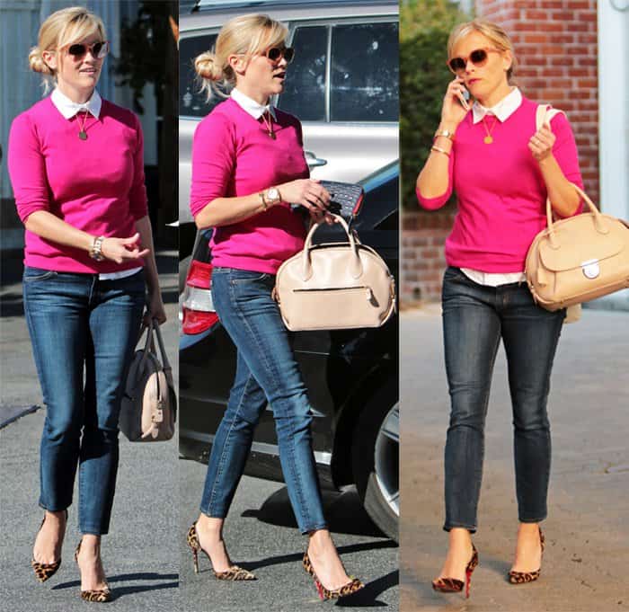 Reese Witherspoon in Ferragamo bag and Louboutin pumps