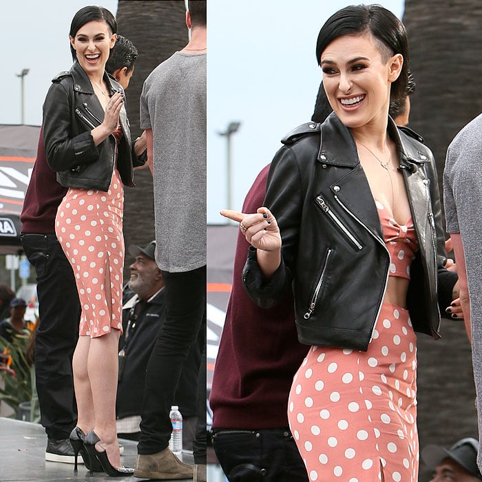 Rumer Willis has a laugh while being interviewed by Mario Lopez for the TV show, "Extra", at Universal Studios Hollywood in Universal City, California, on February 27, 2015