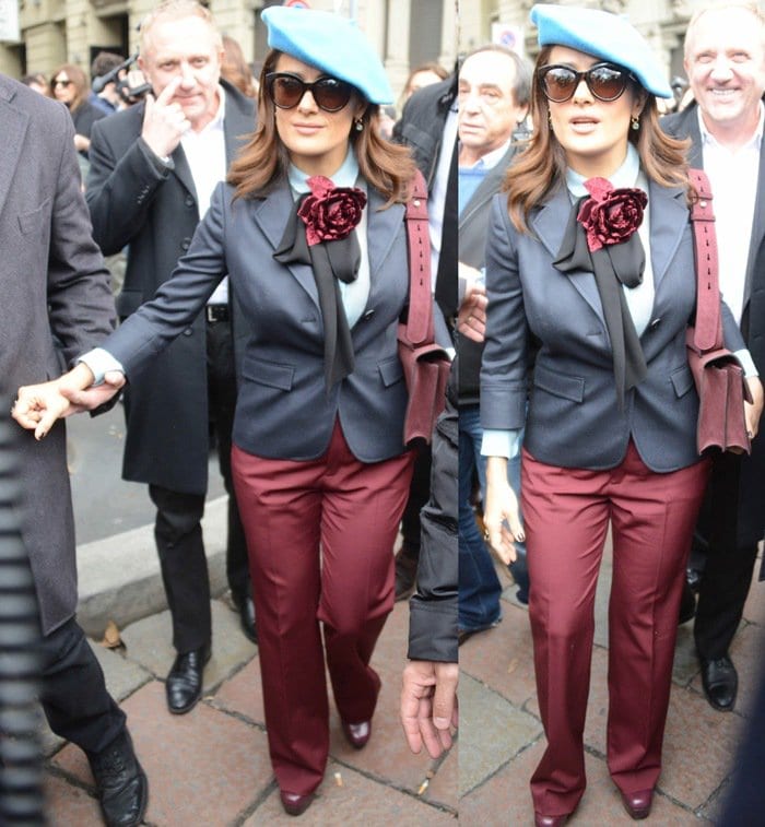 Salma Hayek looked like a stewardess at the Gucci fashion show