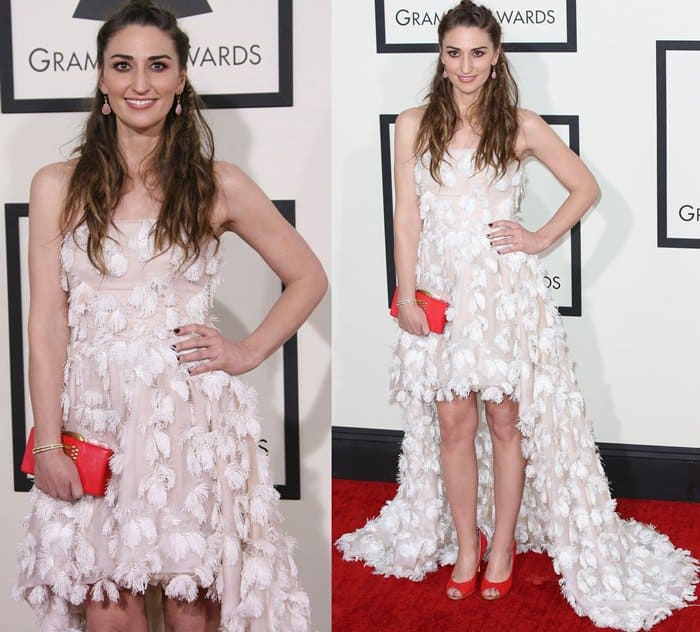 Sara Bareilles wore a white strapless high-low hemline dress from the Blumarine Spring 2014 collection, featuring confetti-like details