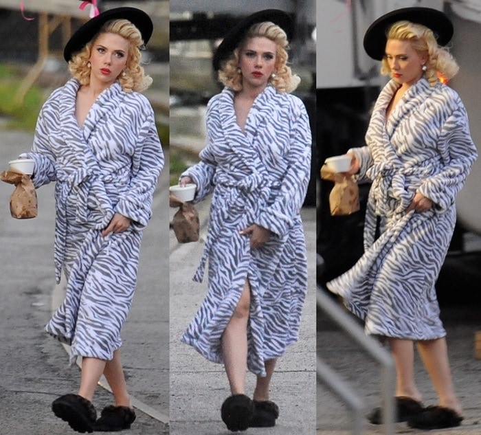 Blonde bombshell Scarlett Johansson wears a zebra print bathrobe on the set of 'Hail, Caesar!' in downtown Los Angeles on January 16, 2015