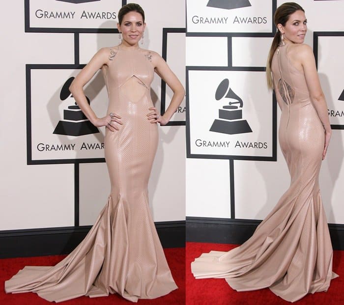 Skylar Grey wore a form-fitting nude Michael Costello dress that closely matched her skin tone
