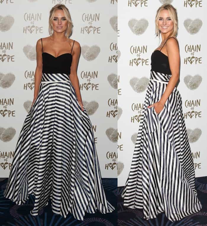 Kimberley Garner in a billowing striped skirt at Chain of Hope's 2014 Gala Ball