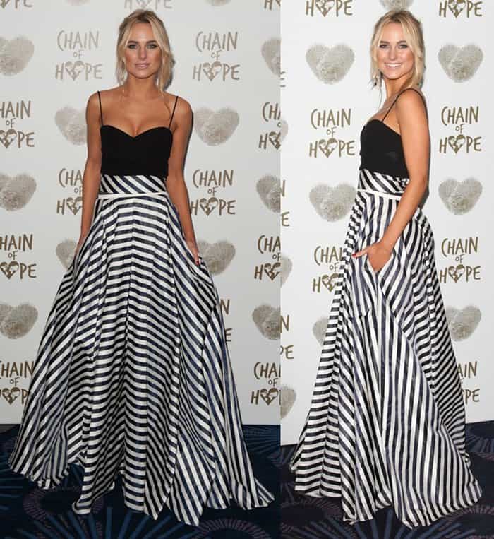 Kimberley Garner in a billowing striped skirt at Chain of Hope's 2014 Gala Ball