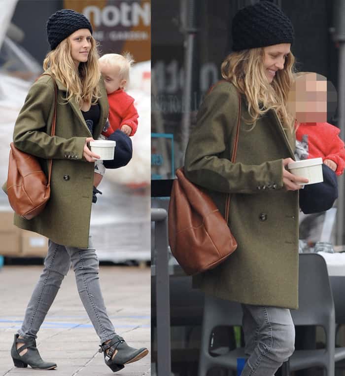 Teresa Palmer in double-breasted coat with son Bodhi