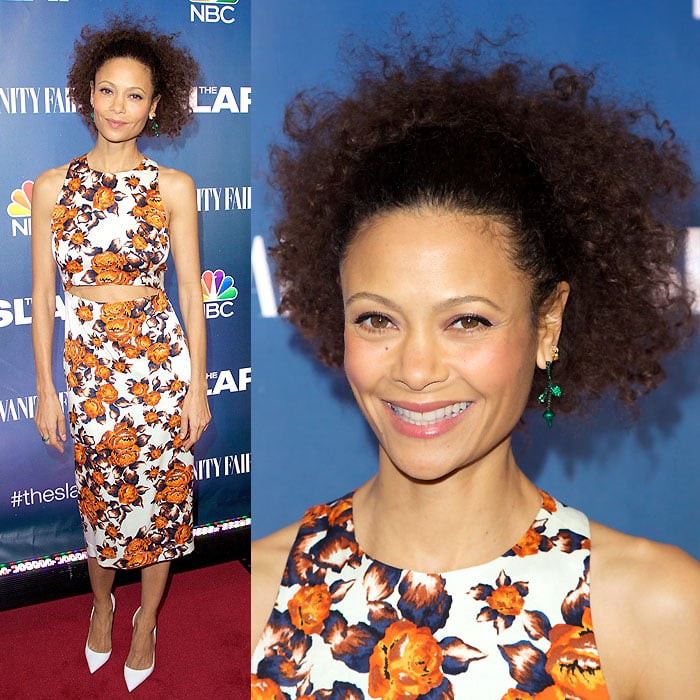 Thandie Newton sporting a springtime orange floral print at the premiere of "The Slap"