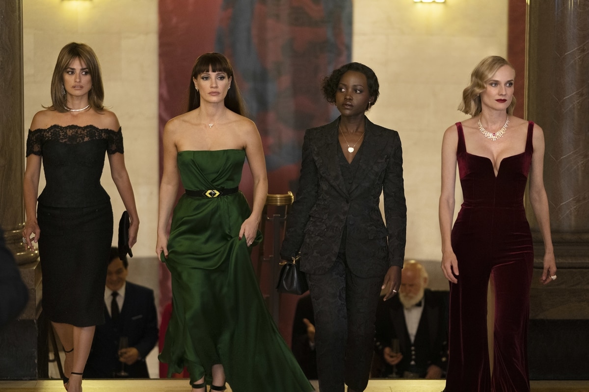 Penélope Cruz as DNI agent and psychologist Graciela Rivera, Jessica Chastain as CIA officer Mason "Mace" Browne, Lupita Nyong'o as former MI6 agent Khadijah Adiyeme, and Diane Kruger as rival German BND agent Marie Schmidt in the 2022 American spy film The 355