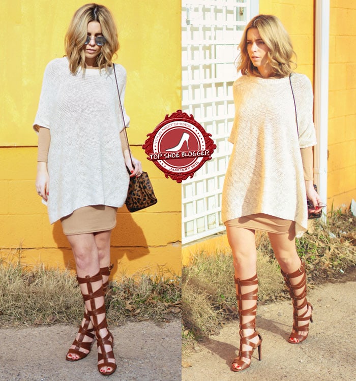 Fashion blogger wearing a sweater over a mini dress with gladiator sandals