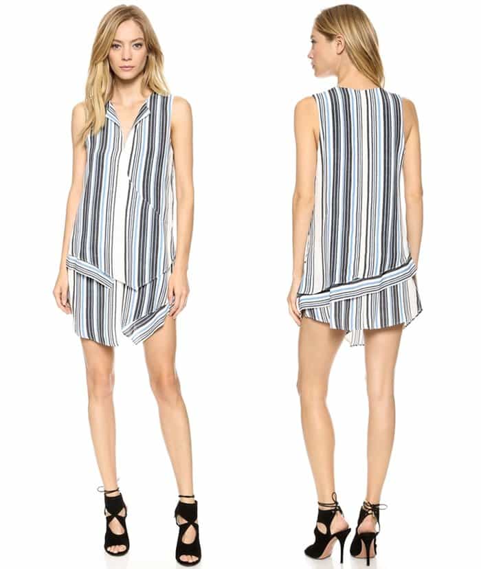 A striped blue combo mini dress with unique asymmetry