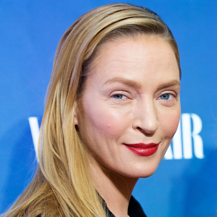 Uma Thurman's bare-faced look at "The Slap" premiere