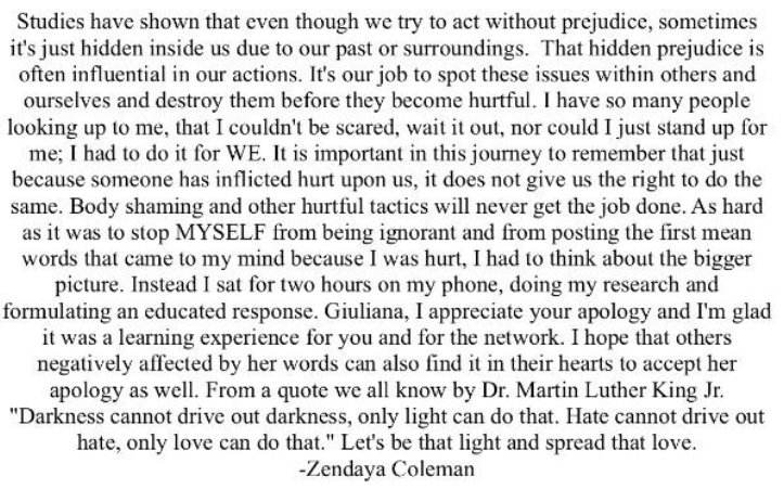 Zendaya's gracious acceptance of Giuliana's apology, spreading a message of love and understanding