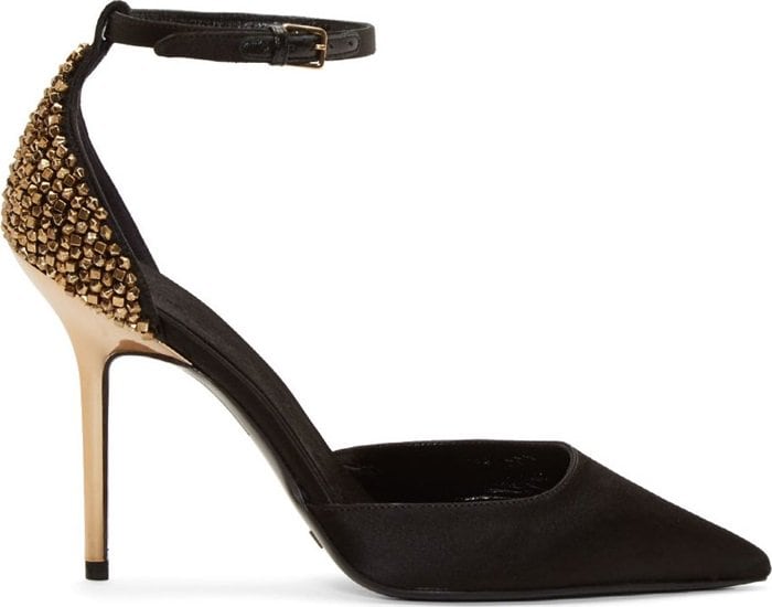 Burberry black embellished satin pumps with gold metallic heel