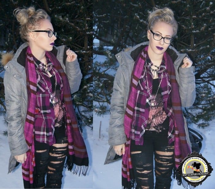 Johanna perfectly matched her purple plaid scarf and lip color