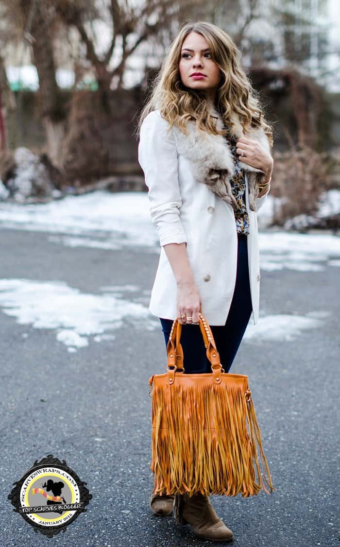 Julie with a surprising dose of glam thanks to the fur collar