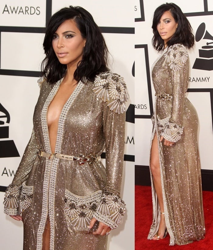 Kim Kardashian wears her hair down at the 57th Annual Grammy Awards
