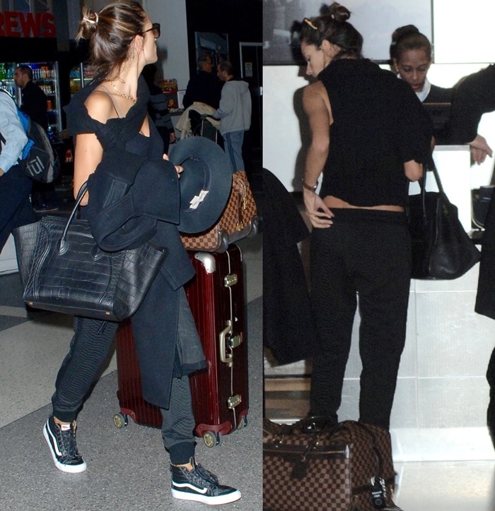 Alessandra Ambrosio masters effortless airport chic in an all-black ensemble featuring Vans Sk8-Hi sneakers, Thierry Lasry Anorexxxy sunglasses, and a Janessa Leone Stephen hat, paired with luxury travel essentials from Celine, Louis Vuitton, and Rimowa