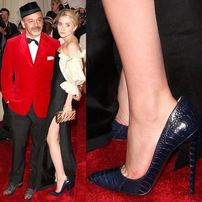 Ashley Olsen posing with Christian Louboutin in too-big Christian Louboutin crocodile pumps