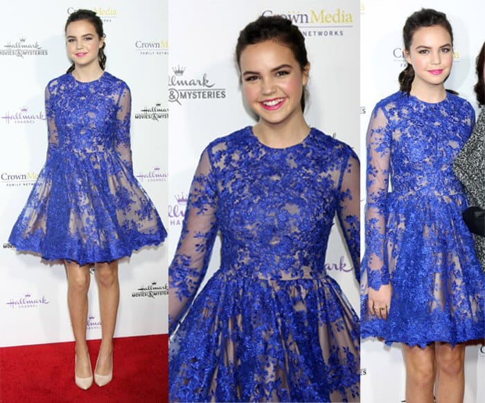 Bailee Madison in glamorous royal blue fit and flare frock