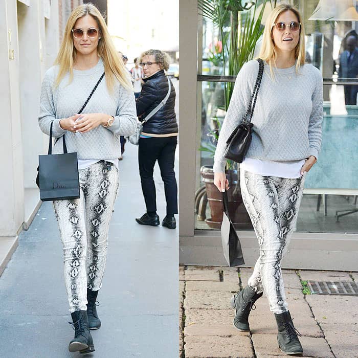 Bar Rafaeli wears snake-print jeans with combat boots