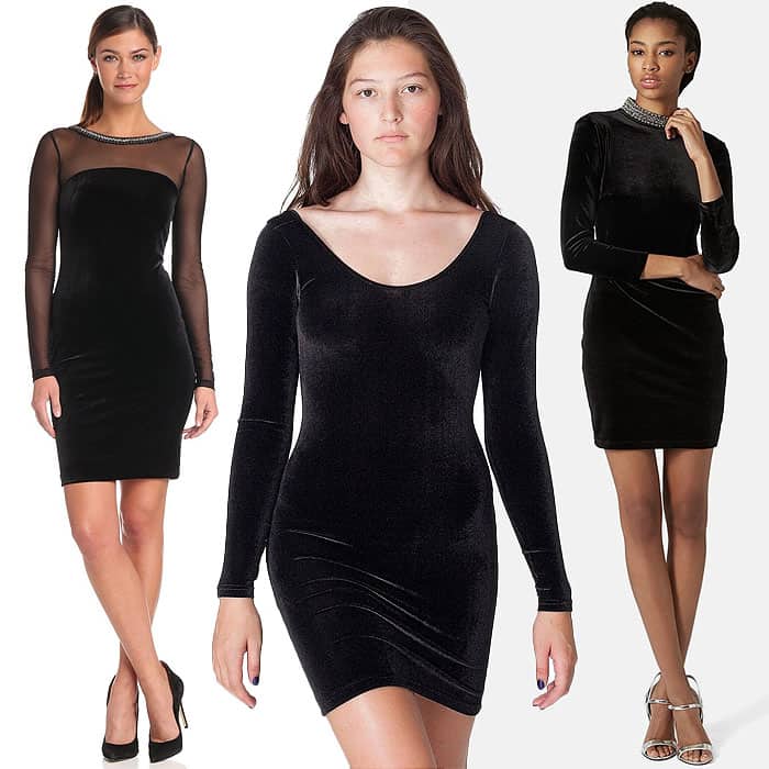 Three stylish black velvet dresses perfect for any occasion: a mesh-sleeve dress, a classic scoop neck dress, and an embellished neckline dress