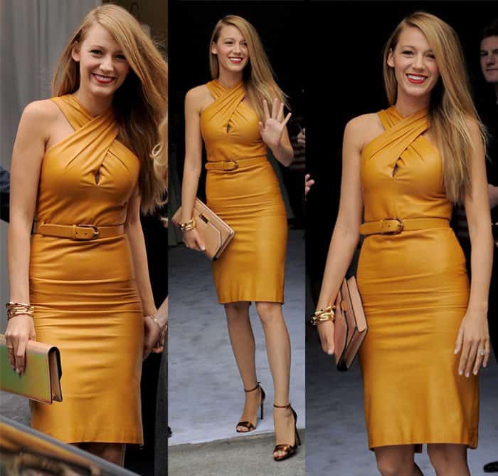 Blake Lively turning heads in a skin-tight mustard leather Gucci dress at Milan Fashion Week SS14, Italy, September 2013