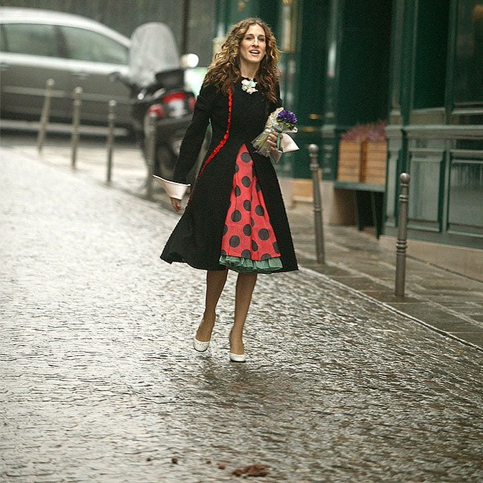 Sarah Jessica Parker as Carrie Bradshaw in the scene where she's about to walk in dog poo in Sex and the City's final episode