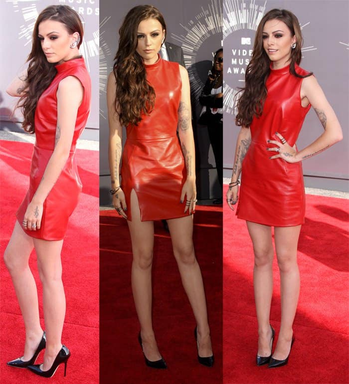 Cher Lloyd embraces boldness in a scarlet leather dress at the 2014 MTV Video Music Awards, Inglewood, California, August 2014