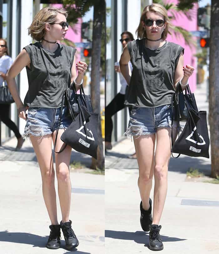 Emma Roberts flaunts her legs in Levi‘s 501 cutoff nonstretch denim shorts outside The Reformation