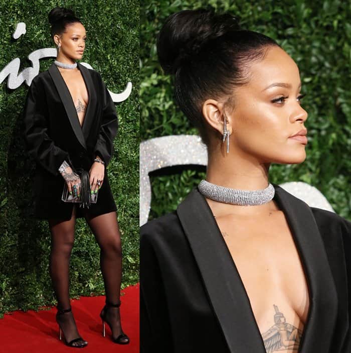 Rihanna wears a Giuseppe Zanotti choker with a Stella McCartney tuxedo blazer at the British Fashion Awards