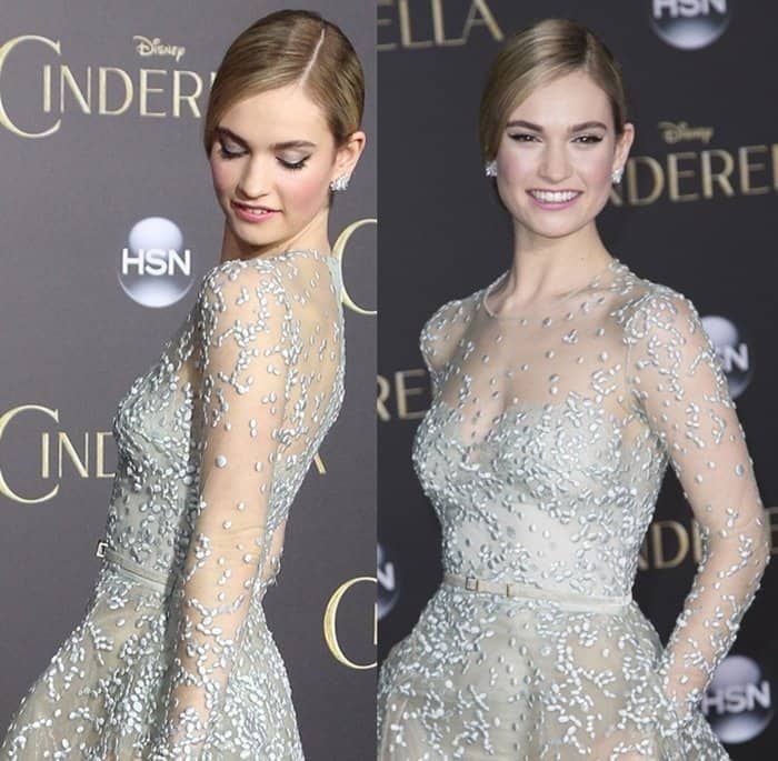Lily James dazzles at the Cinderella premiere in a stunning, beaded illusion gown, styled elegantly with minimal accessories and a sleek updo