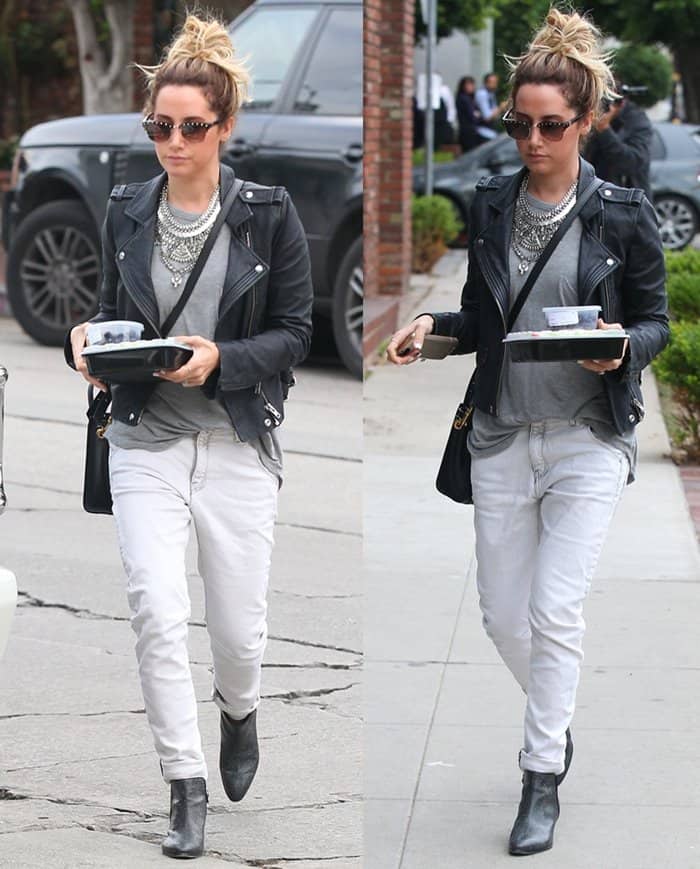 Ashley Tisdale with her lunch to go on Melrose Place in Los Angeles