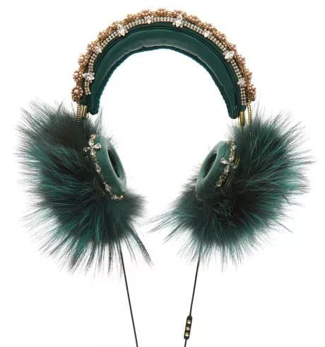 Dolce & Gabbana Green Embroidered Nappa Leather Headphones with Fox Fur Trim