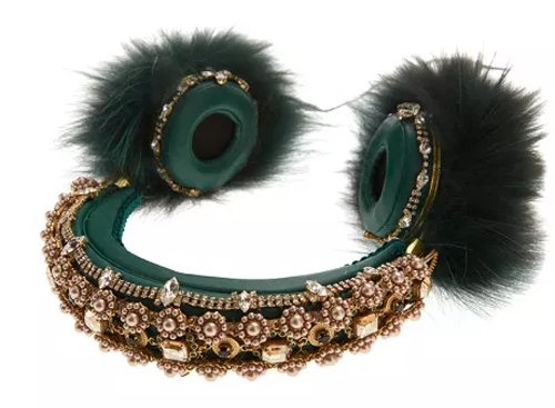 Dolce & Gabbana Green Embroidered Nappa Leather Headphones with Fox Fur Trim