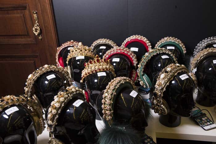 A collection of Dolce & Gabbana headphones, costing up to $8,000 each, featuring designs with Swarovski crystals, pearls, and fur accents