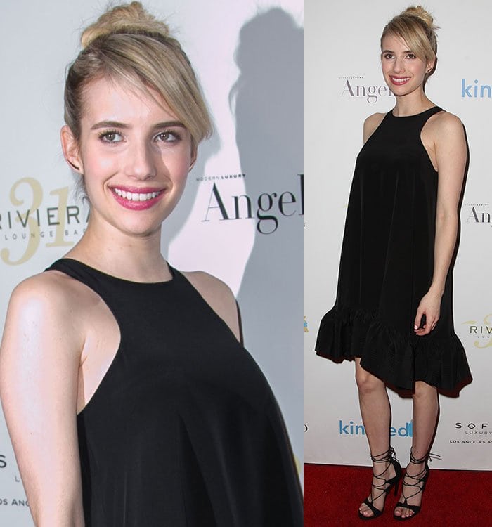 Emma Roberts' blonde hair was pulled back into a high bun with side-swept fringe