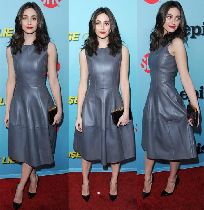 Emmy Rossum radiating elegance in a grey J. Mendel leather dress at Showtime's premiere event in Beverly Hills, California, January 2015