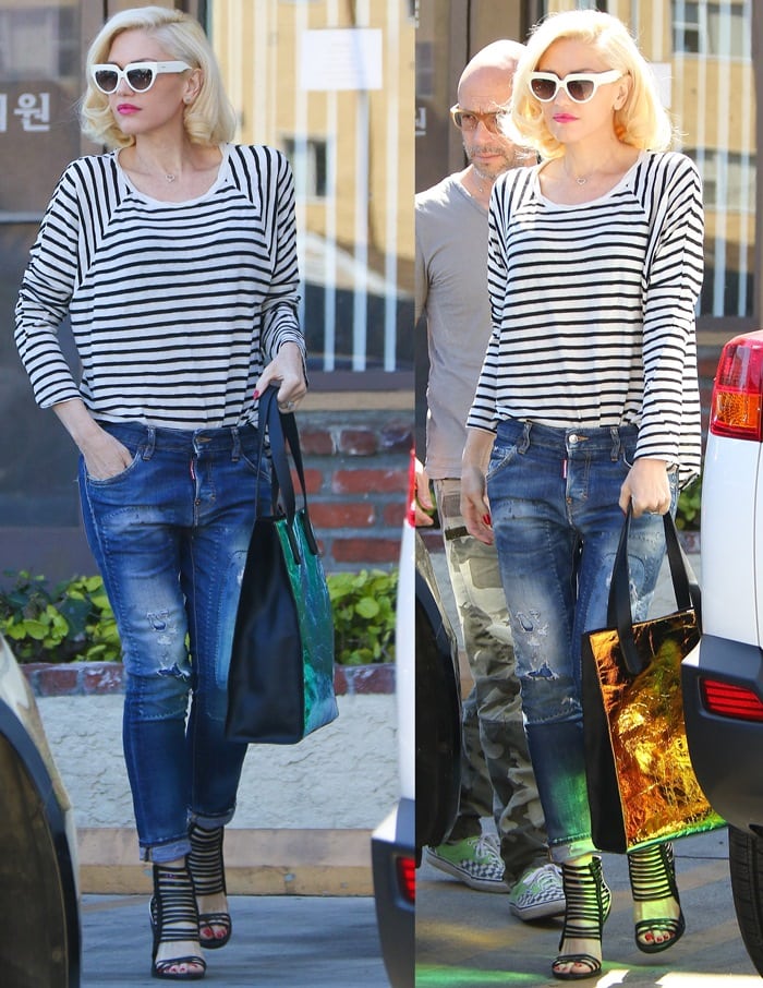 Gwen Stefani wears shoes with iridescent metallic-leather heel counters while leaving Jesun Acupuncture Clinic
