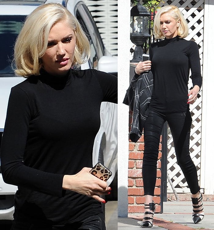 Gwen Stefani's high-necked, long-sleeved top paired with fitted waxy leather pants