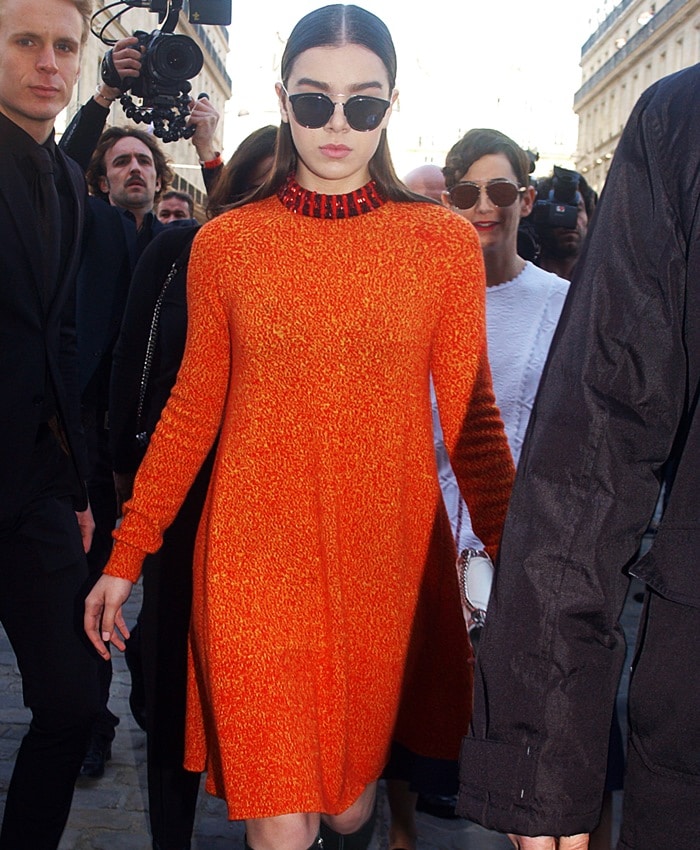 Hailee Steinfeld's orange sweater dress by Christian Dior