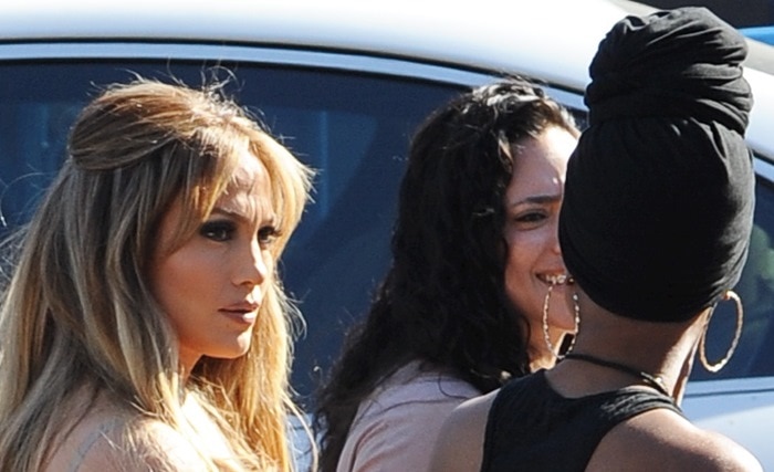 Jennifer Lopez wears heavy makeup for an "American Idol" filming