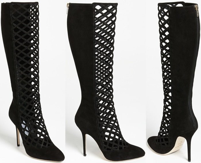 A breezy lattice weave climbs the knee-high shaft of a classic boot cast in sultry suede