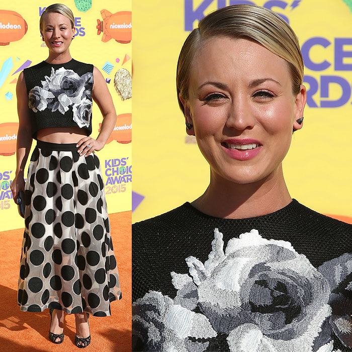 Kaley Cuoco makes a bold statement at the 2015 Kids' Choice Awards in a chic floral crop top paired with a playful polka dot skirt and black strappy heels