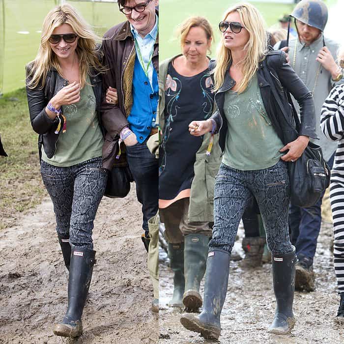 Kate Moss rocks snake-print jeans at the 2011 Glastonbury Music Festival