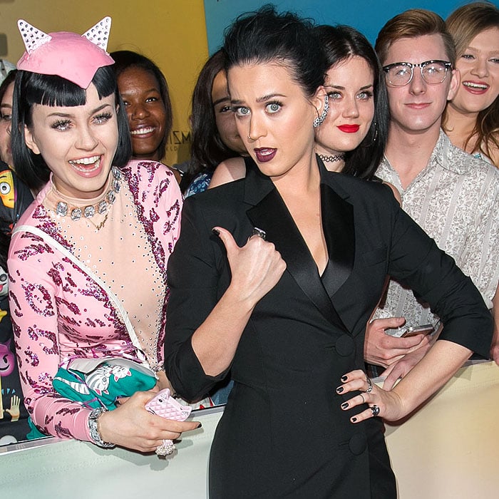 Katy Perry posing with a fan dressed as a pink cat