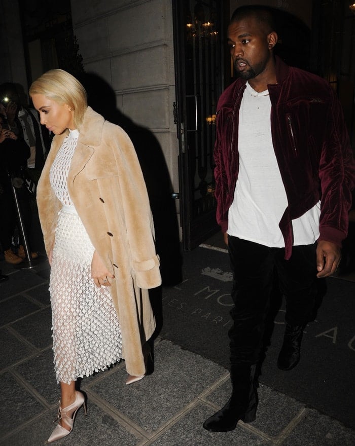 Kim Kardashian styled her mesh white midi dress with a teddy-style fur coat 