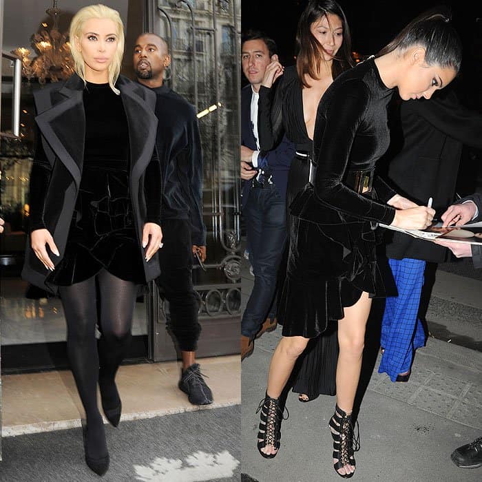 Kim Kardashian steps out in Paris with Kanye West in a chic black Balmain velvet outfit, while Kendall Jenner rocks the same dress, signing autographs in her sleek style